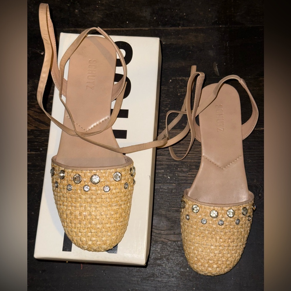 Schutz Tan and Gold Espadrilles with Embellishments
